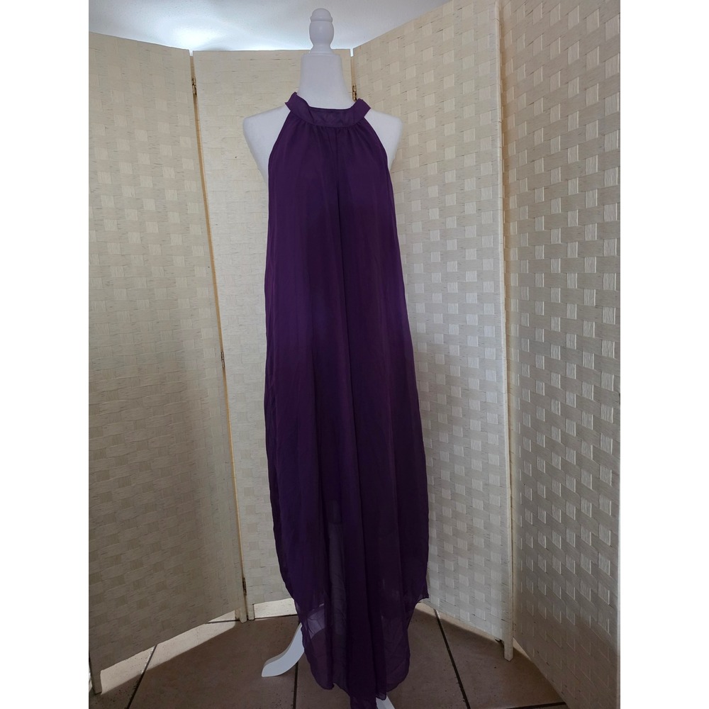 Purple Chiffon Halter Maxi Dress Keyhole Back Pearl Button Sleeveless Gown